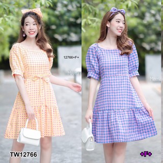 J12766 Dress เดรส ลายสก็อต ชายระบาย ผูกเอว