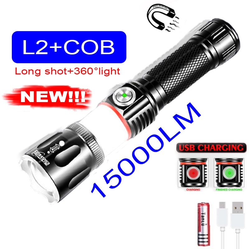 ไฟฉาย LED L2 T6 ไฟฉาย USB ชาร์จ COB ไฟฉาย LED ไฟฉายแม่เหล็กซูมไฟฉายใช้ 18650 แบตเตอรี่