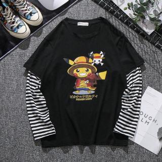 เสื้อยืดแฟชั่นชายหญิงแขนยาวลายการ์ตูนปิกาจู 2 สีดําขาว