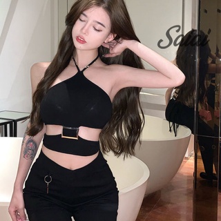 Saiai เสื้อครอปท็อปเซ็กซี่ เอวสูง แต่งหัวเข็มขัดโลหะ สไตล์เกาหลี สําหรับผู้หญิง