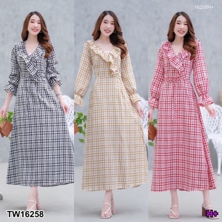 Maxi dress ลายสกอตแขนยาวระบายปลายแขน ดีเทลแต่ระบายย่นที่หน้าอก มีซิปซ่อนด้านหลัง/มีซัปใน มีเชือกโบว์ผูกเอวปรับระดับได้