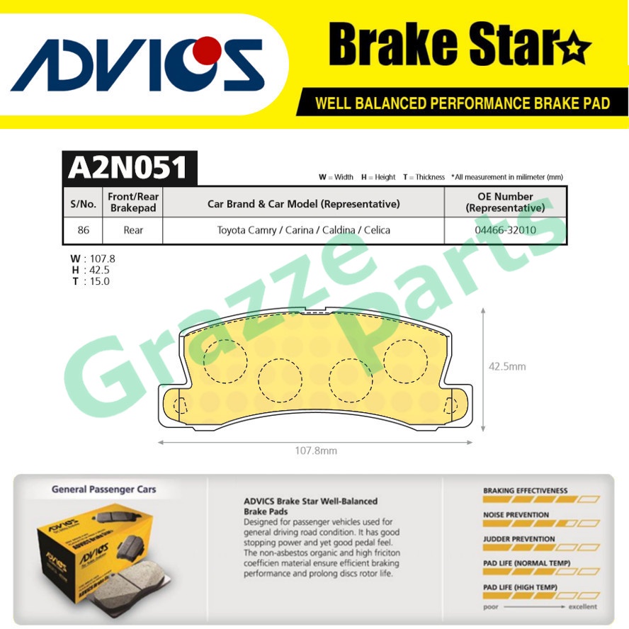 Advics Aisin เบรค Star Disc เบรค Pad ด้านหลัง A2N051TE สําหรับ Toyota Camry SXV10 SXV20 ST171 Harrie