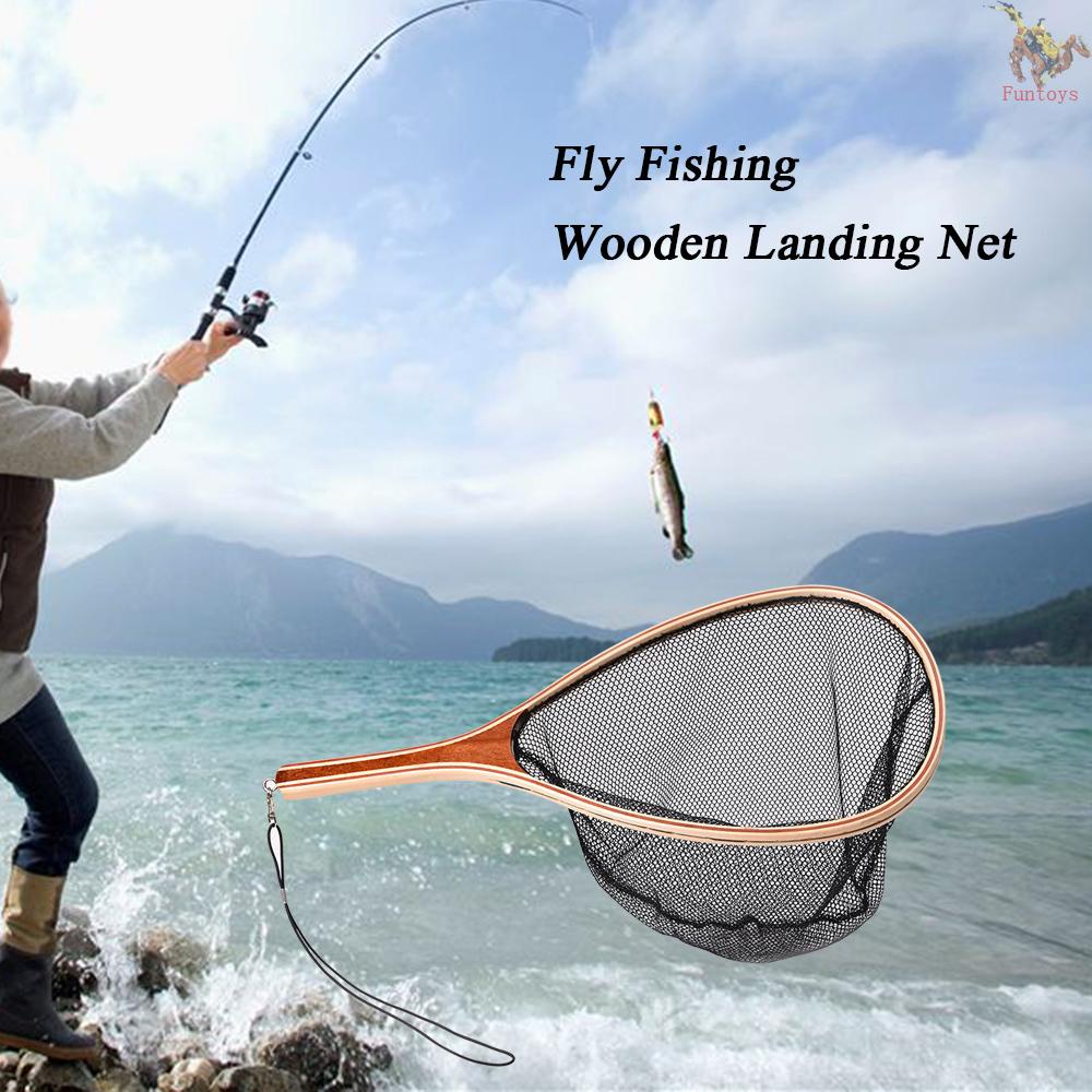 FUN.T Portable Lightweight Fly Fishing Landing Net Wooden Handle Frame