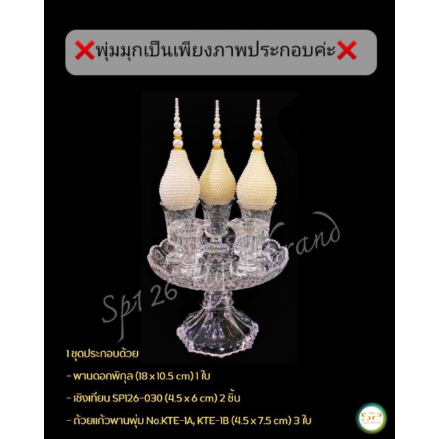 ชุดเครื่องทองน้อยแก้วชุดเล็ก (ราคาต่อ 1 ชุด) (พานดอกพิกุลเล็ก 1ใบ+เชิงเทียนSP126-030 1คู่+ถ้วยNo.KTE-1A,KTE-1B 3ใบ)