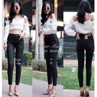 Ruige Jeans กางเกงยีนส์ทรงเอวสูง สีดำฟอก RG6931
