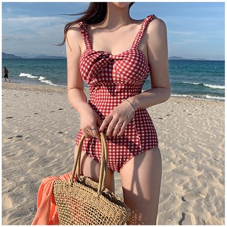 Red Bikini 2349 ชุดว่ายน้ำวันพีซสไตล์เกาหลี ลายสก็อตแดง มี 3ไซส์ มีฟองน้ำดันทรง women swimsuit