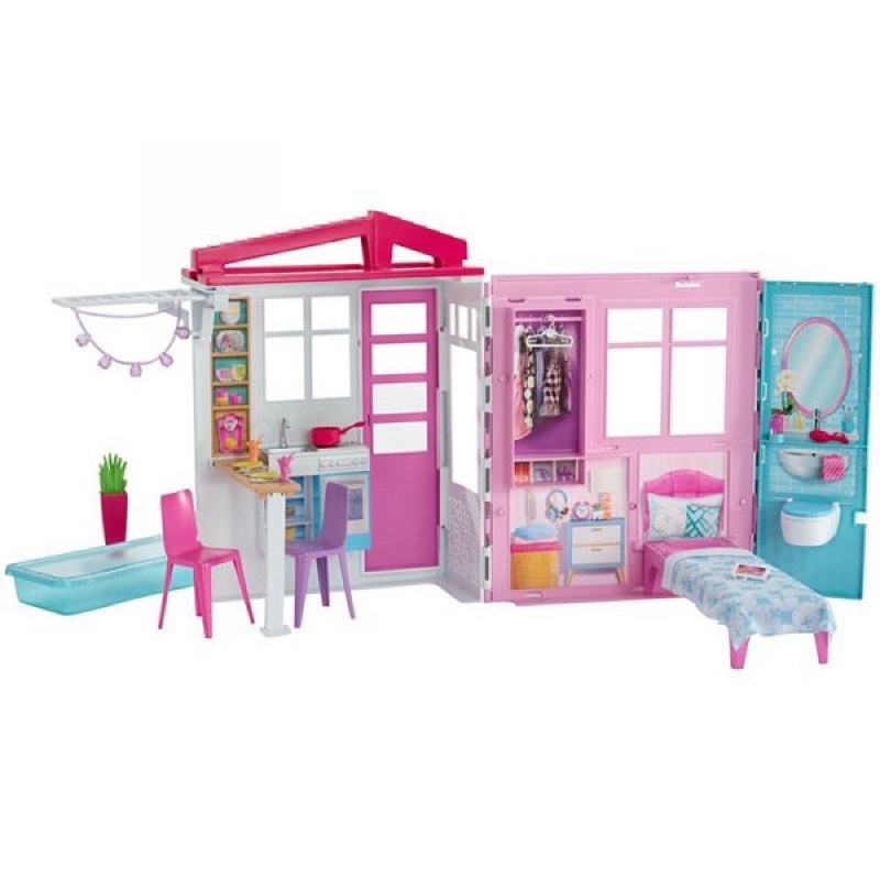 Barbie close &amp; go fully furnished kitchen bedroom bathroom pool playset บ้านตุ๊กตาบาร์บี้ เฟอร์ฯครบ รุ่น FXG54