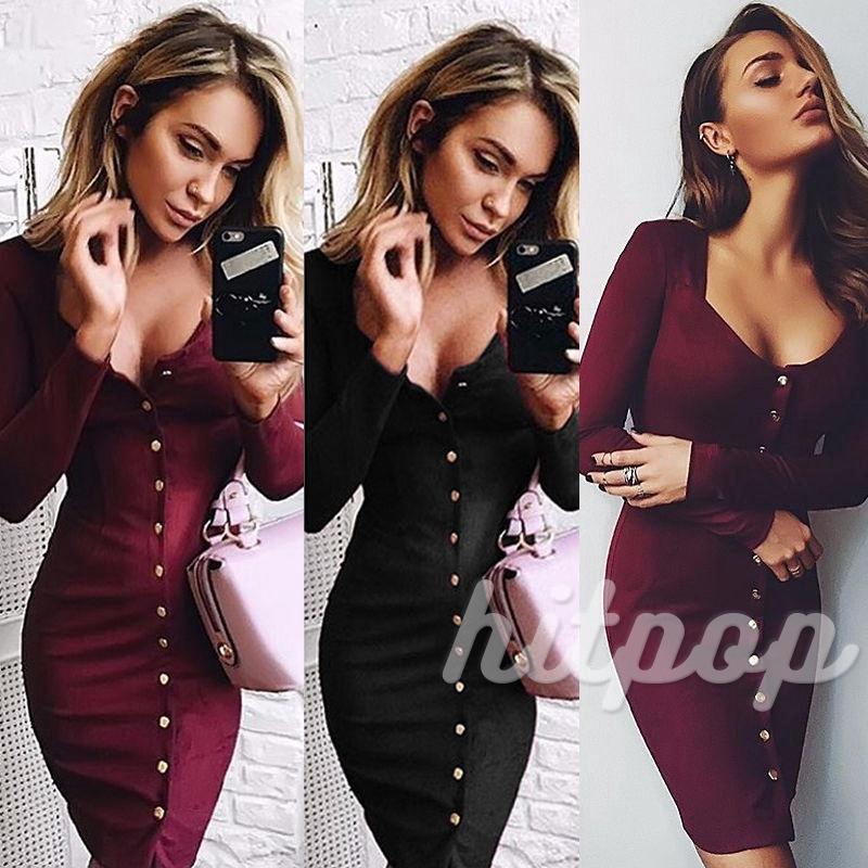 ราคาส่ง ชุดเดรสยาว ชุดเดรสสั้น แขนยาวสำหรับผู้หญิง Bodycon