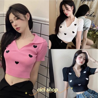 Cicishop(1411) CropTop 💖 เสื้อครอปไหมพรมคอปกปักลายหัวใจ ทอร่องสไตล์เกาหลีคิ้วท์ๆ