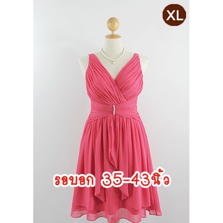 E2210-3-XL-ชุดราตรีสาวอวบ สีแดงเชอรี่พิงค์(สีแดงอมส้มและชมพู) ผ้าชีฟอง คอแหลมป้าย แขนกุด ประดับมุกใต้อก