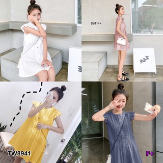 J8941 Dress เดรสติดกระดุมหน้าแต่งจีบ