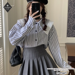 เสื้อเชิ้ตแขนยาว ลายทาง สีฟ้าอ่อน แฟชั่นฤดูร้อน สําหรับผู้หญิง