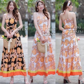 Maxi dress สายเดี่ยวลายส้ม ดีเทลกระโปรงรูดย่นตัดต่อ 3 ชั้นมีเชิงสีพื้นเหลือง/ส้มที่ชาย มีซัปใน มีโบว์ยาวแยก 1 เส้น