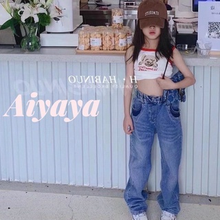 Aiyaya เดรสเด็ก กางเกงยีนเด็กผู้หญิง กางเกงทรงตรงสีน้ำเงินสไตล์เกาหลี 0182