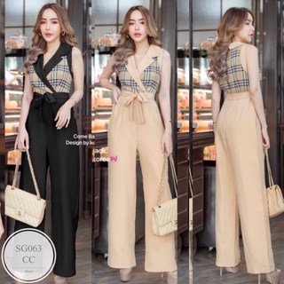 ST063  Jumpsuit จั้มสูทขายาว แขนกุด คอปก อกแต่งลาย BBR ทรงเชือกผูกเอว งานสุดหรู ทรงเข้ารูปสวย งานน่ารักๆดีไซน์เก๋ คอล​ให