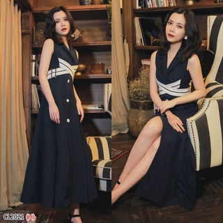 CL2021-BLACK แม็กซี่เดรส แขนกุด คอปกสูท คอวีแหวกลึก ด้านหน้าผ่าติดกระดุมสีขาวเม็ดใหญ่เก๋ๆ ด้านหน้าและด้านหลังตีเกล็ด