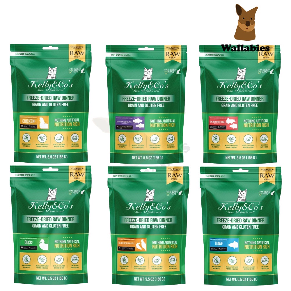 KELLY AND CO'S (156g.) เคลลี่แอนด์โค อาหารบาร์ฟฟรีซดราย สำหรับแมว 6รสชาติ