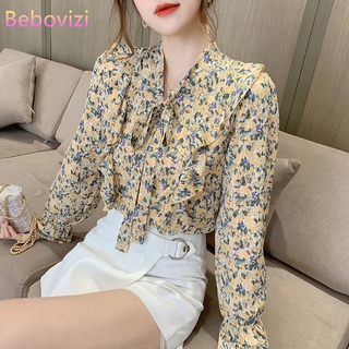 New Chiffon Shirt Womens Long Sleeve Print Flora Tops Blusa Office Lady Casual Blouse Girls Clothing