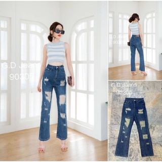 G.D.Jeans รุ่น 90305#กางเกงยีนส์ขายาวผ้าด้านเอวสูงทรงกระบอกใหญ่แต่งสะกิดขาดเซอร์ๆ