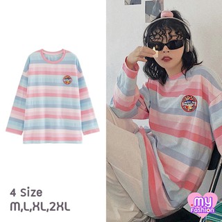 🎴MYF มาใหม่🎴เสื้อแขนยาวลายทางสีพาสเทลทรงใหญ่ อกปักลายน่ารักๆ