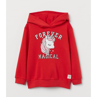 H&amp;M เสื้อกันหนาวมีฮู้ด สีแดงสด ลายหน้ายูนิคอร์น FOREVER MAGICAL