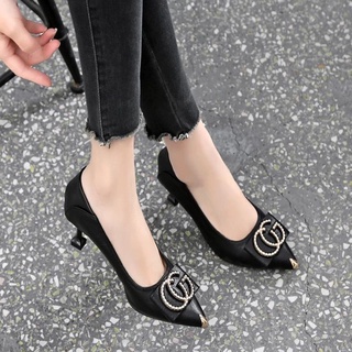 New Stewardess Pointed Toe Suede Versatile 2021 High Heels สีดำ