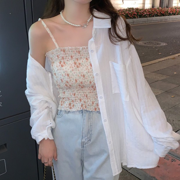 Cicishop(960)New เซต2ชิ้น เสื้อเชิ้ตแขนยาวสีพื้น + สายเดี่ยวสม็อคแต่ลายดอกไม้ งานแซ่บ 🔥