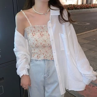 Cicishop(960)New เซต2ชิ้น เสื้อเชิ้ตแขนยาวสีพื้น + สายเดี่ยวสม็อคแต่ลายดอกไม้ งานแซ่บ 🔥