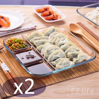 EZ​ จานแก้วใส่อาหาร4ช่อง Glass Food Plate with 4 Compartments 22.8cm X 22.8 cm