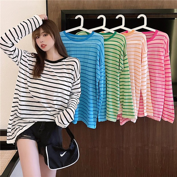 Cicishop(25026)เสื้อแขนยาวผ้าซีทรู ลายทางเวอร์ชั่นเกาหลี ผ้านุ่ม ใส่สบาย ไม่ร้อน มีความน่ารักปนเปรี้ยวว