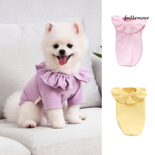 FM🐕กระโปรงสัตว์เลี้ยงสีทึบ Ruffled Hem คอผ้าฝ้ายสองขาชุดสุนัขสำหรับชีวิตประจำวัน