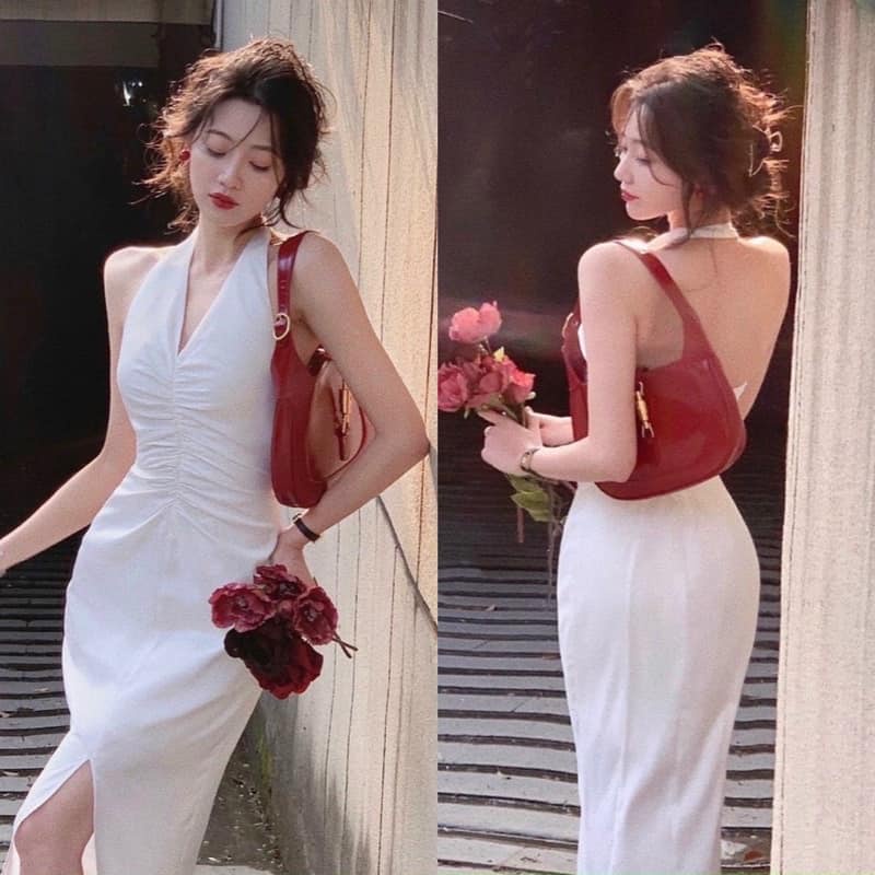 [ผลิตภัณฑ์ที่สวยงาม] ชุดเดรส Mdi สีขาวพร้อมเสื้อสายเดี่ยวคอปกเปลือยกรีด