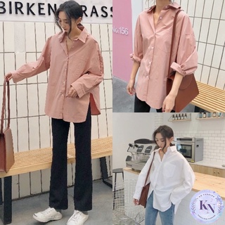 🎏Korea NEW เสื้อเชิ้ตแขนยาว สีพื้น ทรงโอเวอร์ไซส์ 2 สี อกมีกระเป๋า