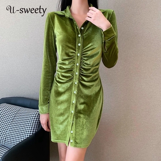 U - Sweety ชุดมินิเดรสแฟชั่นสําหรับสตรีแขนยาวสีพื้นทรงสลิมฟิต