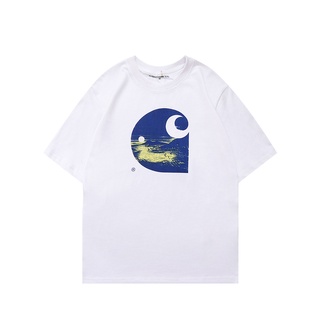 Carhartt เสื้อยืดคอกลม แขนสั้น พิมพ์ลาย Night Moon Tropical Island ทรงหลวม สําหรับผู้ชาย ผู้หญิง