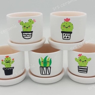 🍃กระถางดินปั้น ลายแคคตัส 3x3" ทรงกลมเรียบ