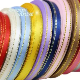 (25หลา/ม้วน) ริบบิ้นขอบทอง ริบบิ้นผ้าซาติน ริบบิ้นบรรจุภัณฑ์ของขวัญคุณภาพสูง 6มม
