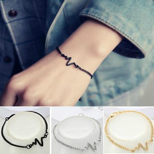 สร้อยข้อมือเงิน สีดํา ทอง เรียบง่าย อิเล็กโทรไดโอแกรม สร้อยข้อมือโซ่ ปรับได้ สําหรับผู้ชาย / ผู้หญิง / คู่รัก