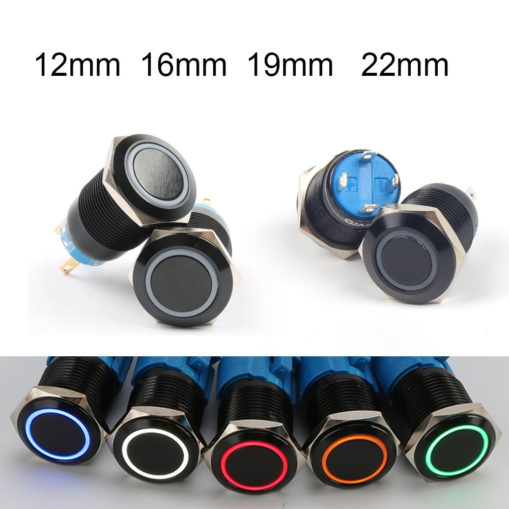 สีดํา 12 มม.16 มม.อิเล็กทรอนิกส์ Chrome Pin เท้าไฟ LED โลหะปุ่มกด Momentary สวิทช์กันน้ํา 12 V 220 V 24 V 3 V 6 V LED ปุ่มสวิทช์