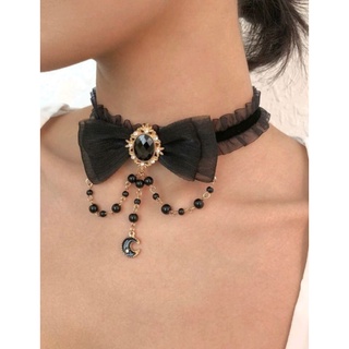 Choker โบว์ตาข่ายตกแต่งมุกดำ พระจันทร์ สวยมาก