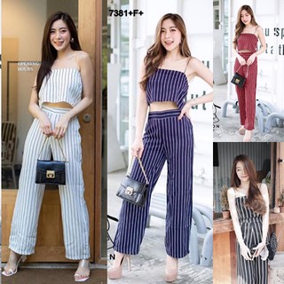 TwinsShopVip💗พร้อมส่ง TW7381 Set 2 ชิ้น สายเดี่ยวลายริ้ว+กางเกง