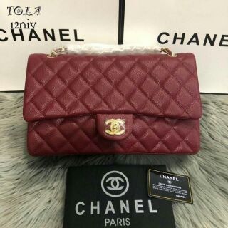 👑Chanel 12" อะไหร่ทอง หนังคาเวียร์ ซับในแดง👑