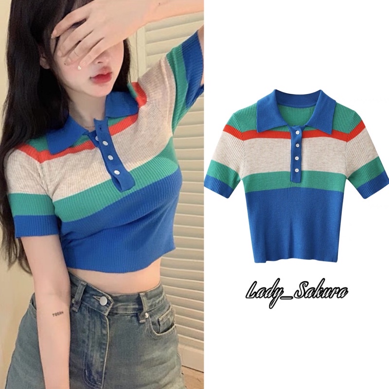 Lady_Sakura 1388/AC.E#เสื้อแฟชั่นไหมพรมแขนสั้น#เสื้อครอปคอปกลายทางกระดุมหน้า 4 เม็ด