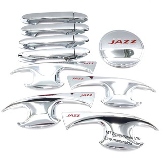 เบ้ากันรอย ครอบมือจับ ครอบฝาถังน้ำมัน ฮอนด้า แจ๊ส Jazz ปี 2014-2021  สีโครเมี่ยมโลโก้แดง