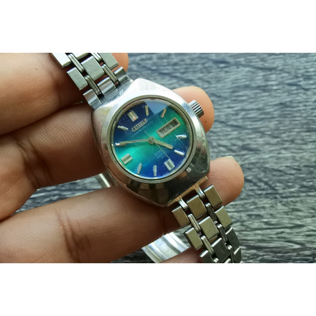 นาฬิกา Vintage มือสองญี่ปุ่น CITIZEN COSMO STAR 21J ระบบ AUTOMATIC ผู้หญิง ทรงกลม กรอบเงิน หน้าสีน้ำเงิน หน้าปัด 30mm