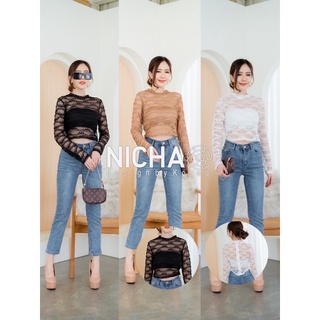 NICHA online 🛒💟ครอปแขนยาวผ้าลูกไม้ตาข่าย มีซิปหลัง+เกาะอกผ้ายืดสเปนเน็ต สายฝอ สุด 🔥🔥