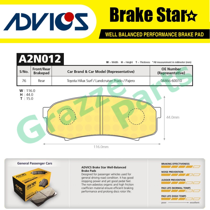 Advics Aisin Brake Star Disc Brake Pad ด้านหลัง A2N012TE สําหรับ Mitsubishi Pajero V88 V98