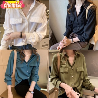 Chemisegrace✨พร้อมส่ง✨เสื้อแฟชั่นทำงานผู้หญิง เสื้อแขนยาว ทรงหลวม มี4สี M-2XL 7353