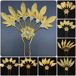 Vintage jewelry เครื่องประดับผม ชุดไทย ปิ่นปักผมออเจ้า สีทอง หลายสไตล์ ปิ่นปักผมใบไม้สีขาว