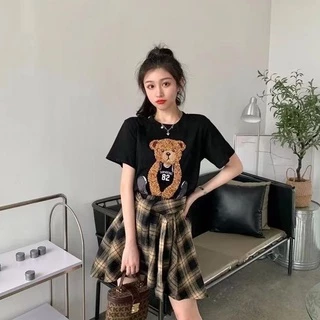 Swan shop ชุดเซต2ชิ้น เสื้อยืดลายหมี🧸+กระโปรงลายสก๊อต สไตล์แนวหวานใส่น่ารัก มี6ไซด์พร้อมส่งค่ะ
